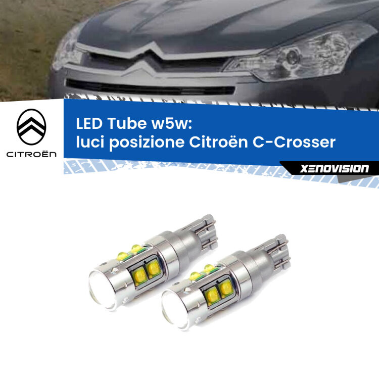 <strong>Luci posizione LED 6000k per Citroën C-Crosser</strong>  2007-2012. Lampadine <strong>W5W</strong> canbus modello Tube, luce bianco lunare, lunga durata e compatibilità.