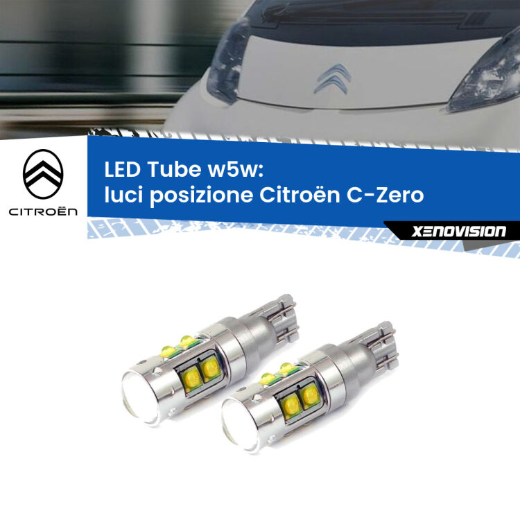 <strong>Luci posizione LED 6000k per Citroën C-Zero</strong>  2010-2019. Lampadine <strong>W5W</strong> canbus modello Tube, luce bianco lunare, lunga durata e compatibilità.