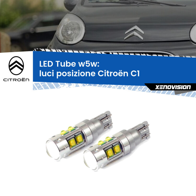 <strong>Luci posizione LED 6000k per Citroën C1</strong>  2005-2013. Lampadine <strong>W5W</strong> canbus modello Tube, luce bianco lunare, lunga durata e compatibilità.