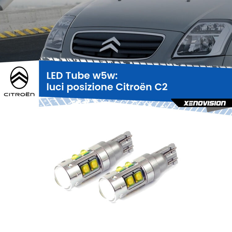 <strong>Luci posizione LED 6000k per Citroën C2</strong>  2003-2009. Lampadine <strong>W5W</strong> canbus modello Tube, luce bianco lunare, lunga durata e compatibilità.