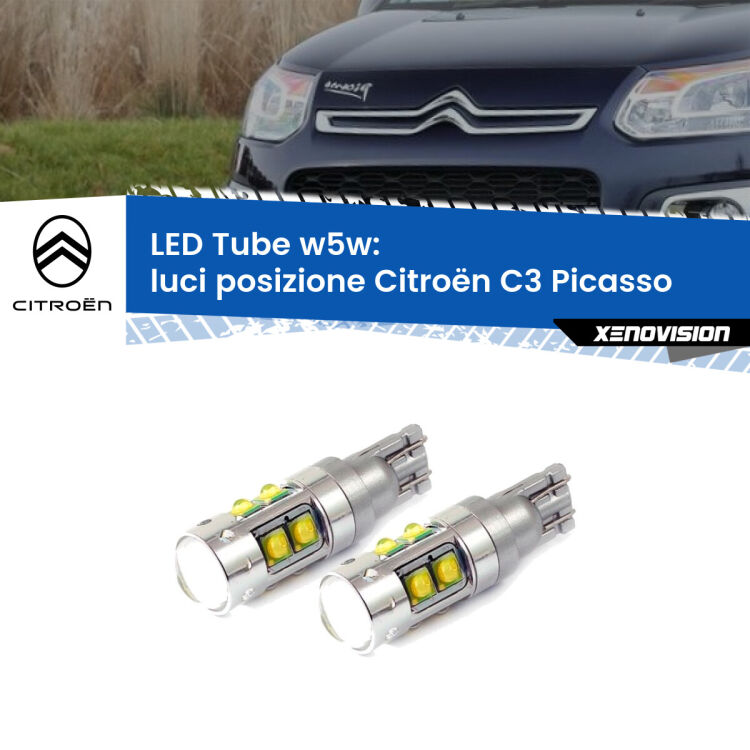 <strong>Luci posizione LED 6000k per Citroën C3 Picasso</strong>  2009-2016. Lampadine <strong>W5W</strong> canbus modello Tube, luce bianco lunare, lunga durata e compatibilità.