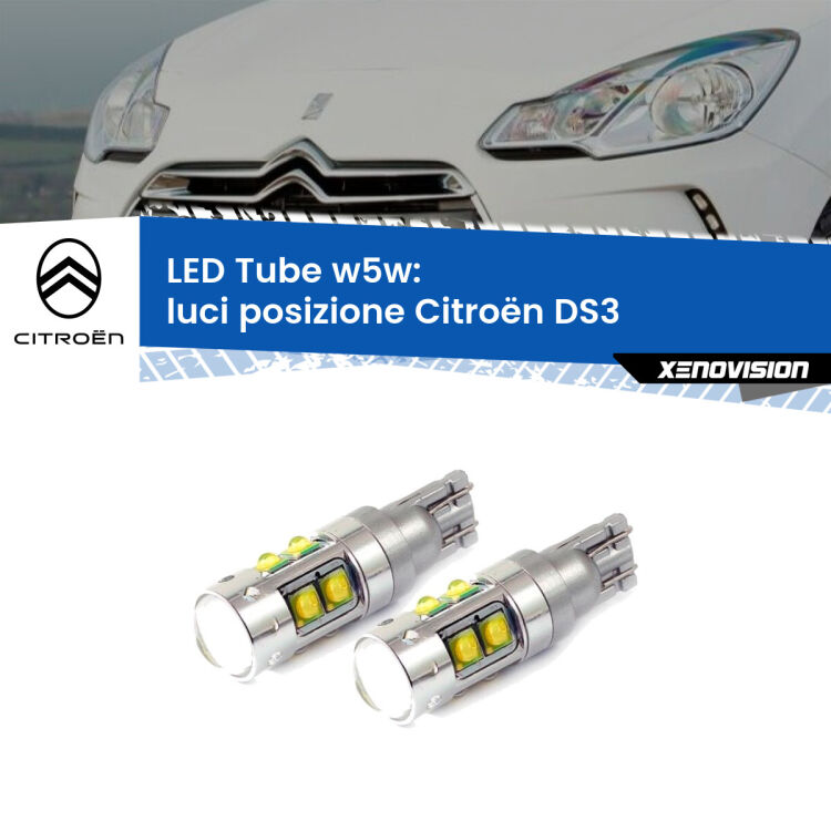 <strong>Luci posizione LED 6000k per Citroën DS3</strong>  2009-2015. Lampadine <strong>W5W</strong> canbus modello Tube, luce bianco lunare, lunga durata e compatibilità.