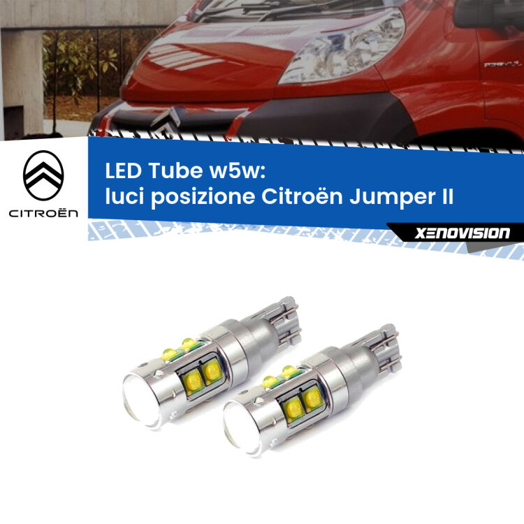 <strong>Luci posizione LED 6000k per Citroën Jumper</strong> II 2002in poi. Lampadine <strong>W5W</strong> canbus modello Tube, luce bianco lunare, lunga durata e compatibilità.