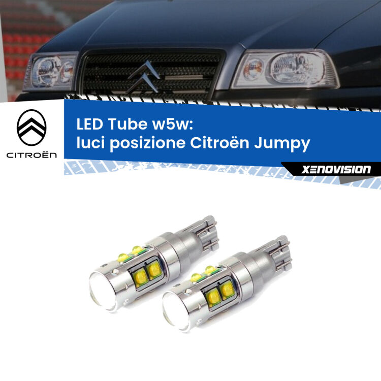 <strong>Luci posizione LED 6000k per Citroën Jumpy</strong>  1994-2005. Lampadine <strong>W5W</strong> canbus modello Tube, luce bianco lunare, lunga durata e compatibilità.