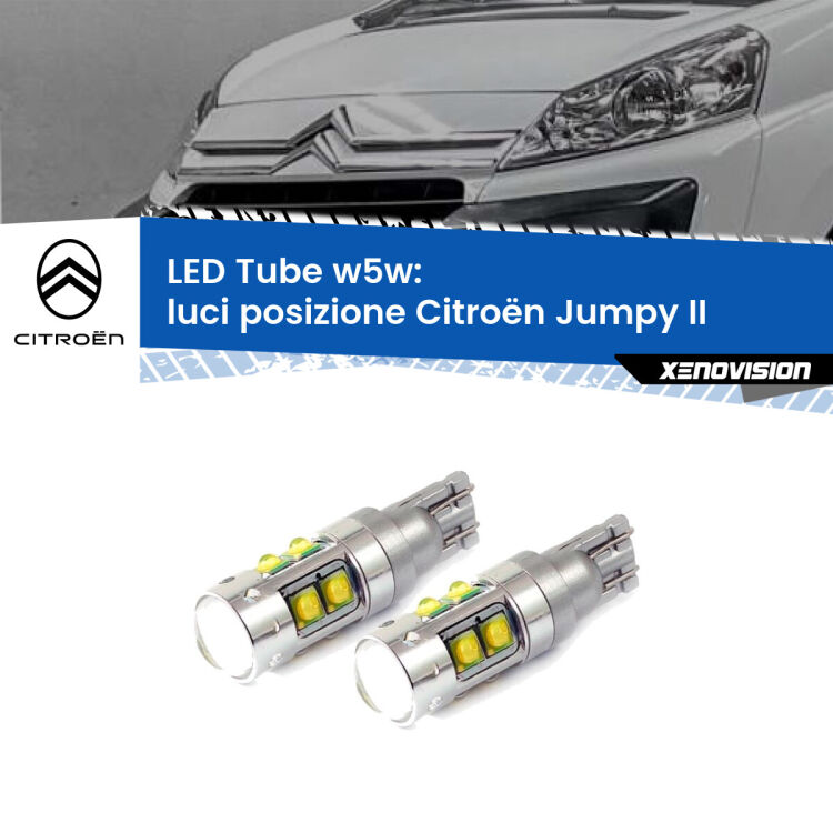 <strong>Luci posizione LED 6000k per Citroën Jumpy</strong> II 2006-2015. Lampadine <strong>W5W</strong> canbus modello Tube, luce bianco lunare, lunga durata e compatibilità.