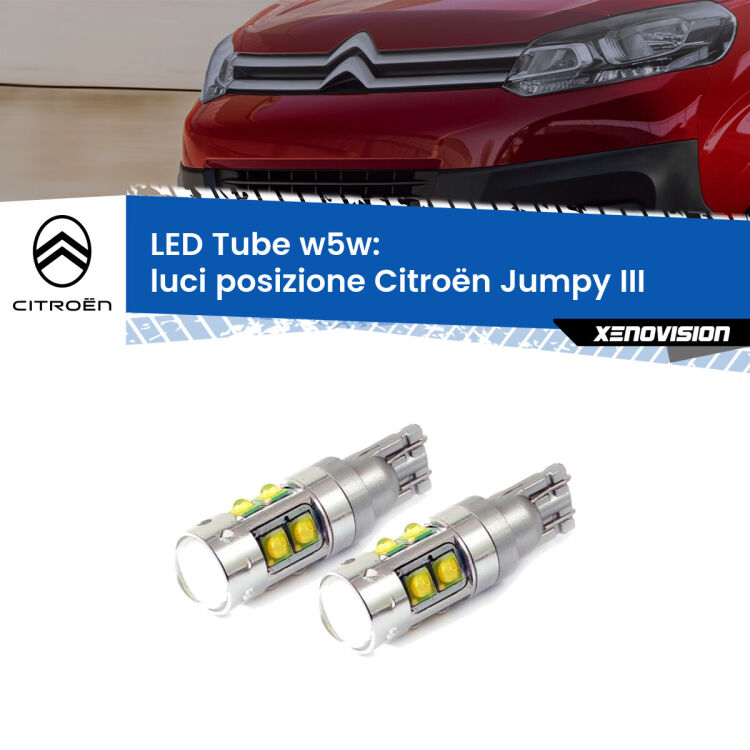 <strong>Luci posizione LED 6000k per Citroën Jumpy</strong> III 2016in poi. Lampadine <strong>W5W</strong> canbus modello Tube, luce bianco lunare, lunga durata e compatibilità.