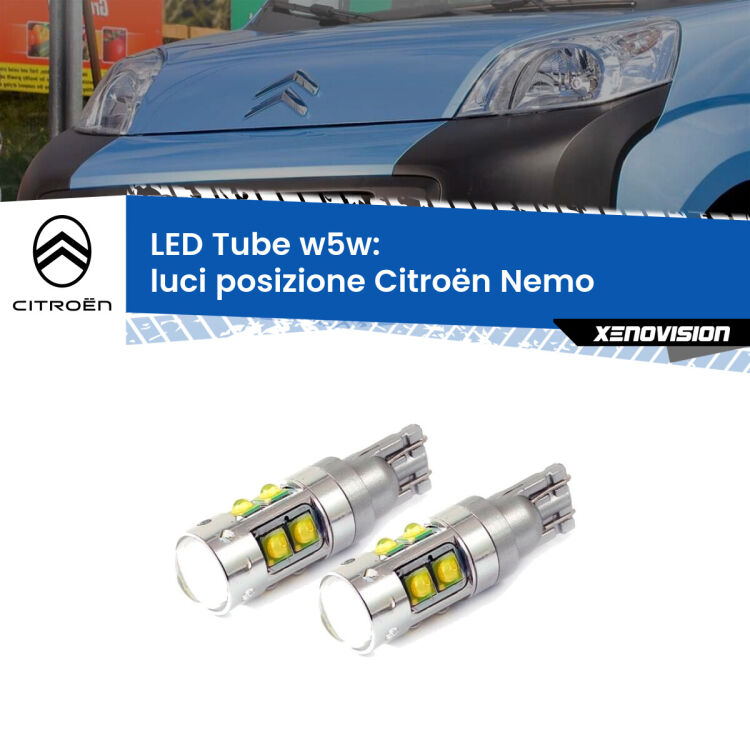 <strong>Luci posizione LED 6000k per Citroën Nemo</strong>  2008in poi. Lampadine <strong>W5W</strong> canbus modello Tube, luce bianco lunare, lunga durata e compatibilità.