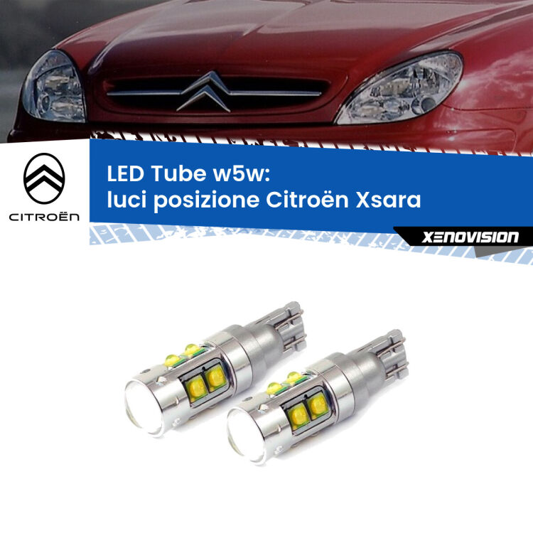 <strong>Luci posizione LED 6000k per Citroën Xsara</strong>  1997-2005. Lampadine <strong>W5W</strong> canbus modello Tube, luce bianco lunare, lunga durata e compatibilità.