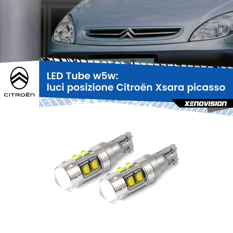 <strong>Luci posizione LED 6000k per Citroën Xsara picasso</strong>  1999-2012. Lampadine <strong>W5W</strong> canbus modello Tube, luce bianco lunare, lunga durata e compatibilità.