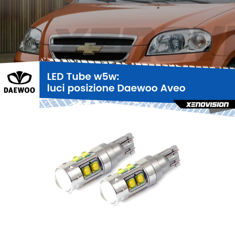 <strong>Luci posizione LED 6000k per Daewoo Aveo</strong>  2002-2005. Lampadine <strong>W5W</strong> canbus modello Tube, luce bianco lunare, lunga durata e compatibilità.