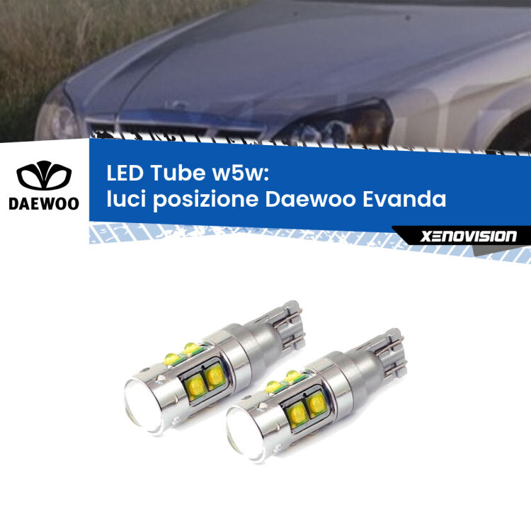 <strong>Luci posizione LED 6000k per Daewoo Evanda</strong>  2002-2005. Lampadine <strong>W5W</strong> canbus modello Tube, luce bianco lunare, lunga durata e compatibilità.