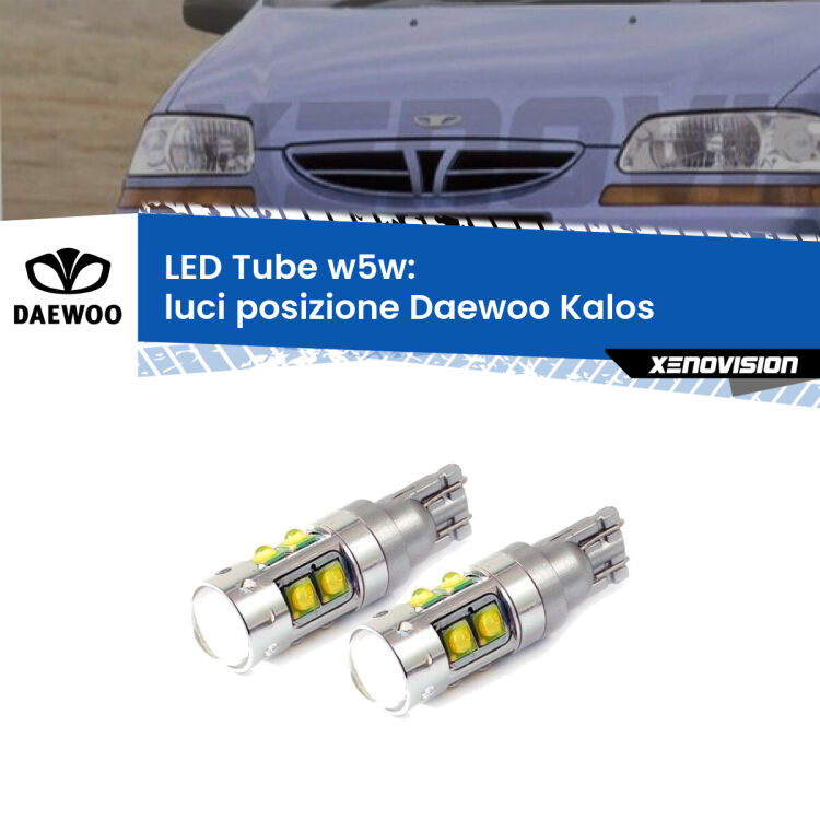 <strong>Luci posizione LED 6000k per Daewoo Kalos</strong>  2002-2004. Lampadine <strong>W5W</strong> canbus modello Tube, luce bianco lunare, lunga durata e compatibilità.