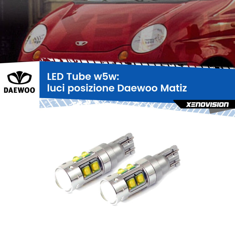 <strong>Luci posizione LED 6000k per Daewoo Matiz</strong>  1998-2005. Lampadine <strong>W5W</strong> canbus modello Tube, luce bianco lunare, lunga durata e compatibilità.