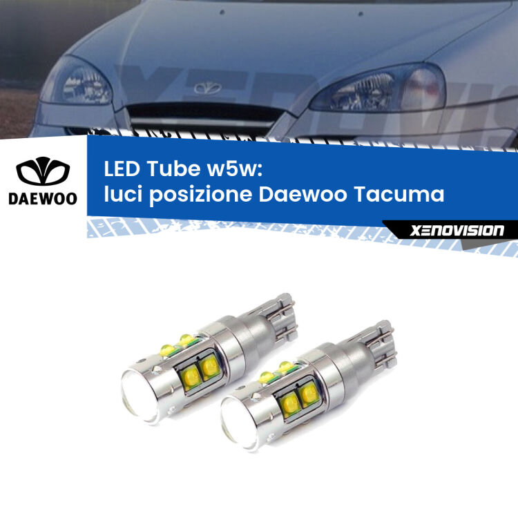 <strong>Luci posizione LED 6000k per Daewoo Tacuma</strong>  2000-2005. Lampadine <strong>W5W</strong> canbus modello Tube, luce bianco lunare, lunga durata e compatibilità.