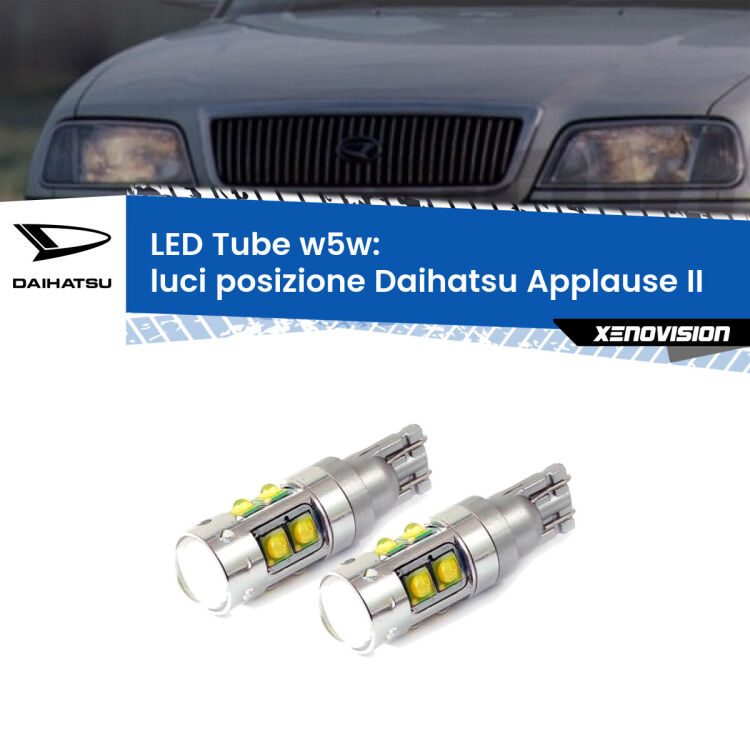 <strong>Luci posizione LED 6000k per Daihatsu Applause</strong> II 1997-2000. Lampadine <strong>W5W</strong> canbus modello Tube, luce bianco lunare, lunga durata e compatibilità.