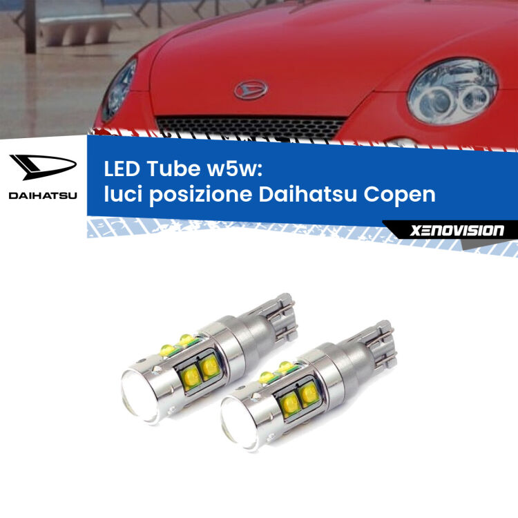 <strong>Luci posizione LED 6000k per Daihatsu Copen</strong>  2003-2012. Lampadine <strong>W5W</strong> canbus modello Tube, luce bianco lunare, lunga durata e compatibilità.