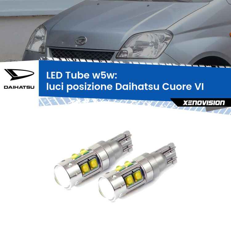 <strong>Luci posizione LED 6000k per Daihatsu Cuore VI</strong>  2003-2007. Lampadine <strong>W5W</strong> canbus modello Tube, luce bianco lunare, lunga durata e compatibilità.