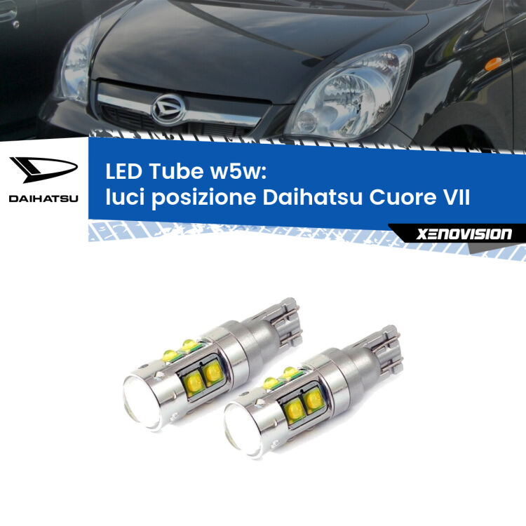 <strong>Luci posizione LED 6000k per Daihatsu Cuore VII</strong>  2007-2018. Lampadine <strong>W5W</strong> canbus modello Tube, luce bianco lunare, lunga durata e compatibilità.