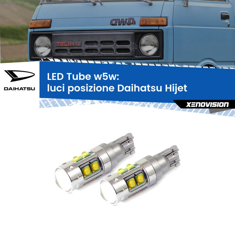 <strong>Luci posizione LED 6000k per Daihatsu Hijet</strong>  1992-2005. Lampadine <strong>W5W</strong> canbus modello Tube, luce bianco lunare, lunga durata e compatibilità.