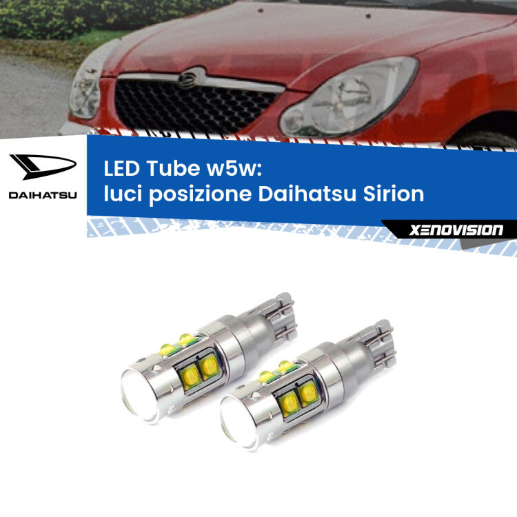 <strong>Luci posizione LED 6000k per Daihatsu Sirion</strong>  2005-2008. Lampadine <strong>W5W</strong> canbus modello Tube, luce bianco lunare, lunga durata e compatibilità.