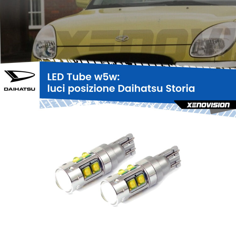 <strong>Luci posizione LED 6000k per Daihatsu Storia</strong>  1998-2005. Lampadine <strong>W5W</strong> canbus modello Tube, luce bianco lunare, lunga durata e compatibilità.