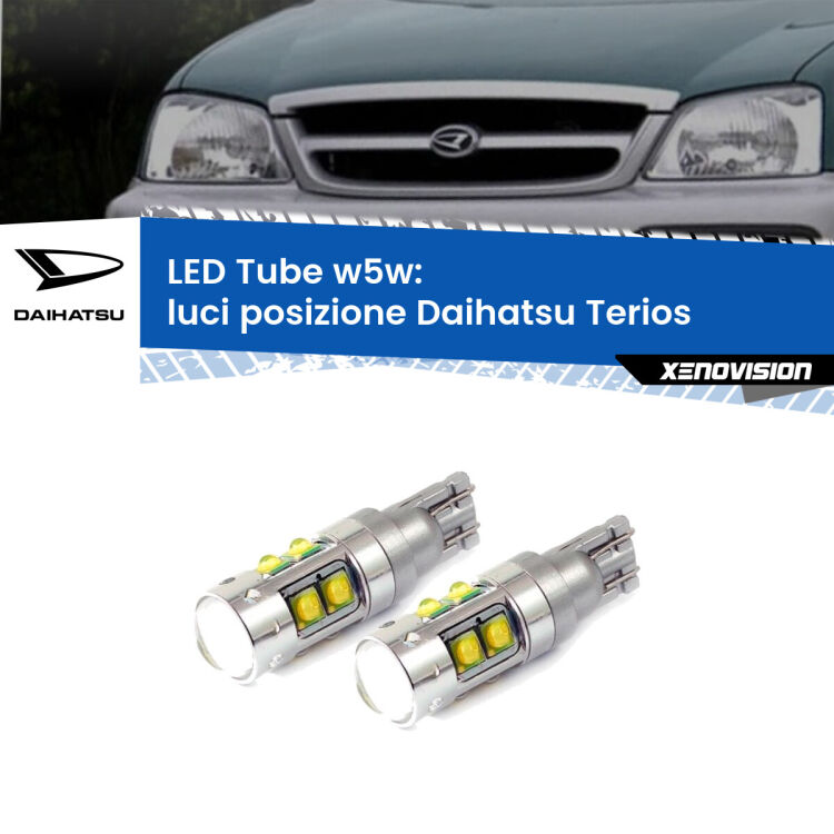 <strong>Luci posizione LED 6000k per Daihatsu Terios</strong>  1997-2005. Lampadine <strong>W5W</strong> canbus modello Tube, luce bianco lunare, lunga durata e compatibilità.