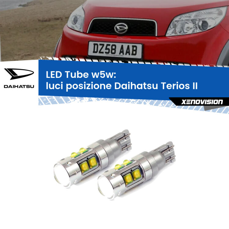 <strong>Luci posizione LED 6000k per Daihatsu Terios</strong> II 2005-2009. Lampadine <strong>W5W</strong> canbus modello Tube, luce bianco lunare, lunga durata e compatibilità.