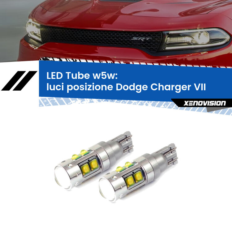 <strong>Luci posizione LED 6000k per Dodge Charger</strong> VII 2011-2014. Lampadine <strong>W5W</strong> canbus modello Tube, luce bianco lunare, lunga durata e compatibilità.