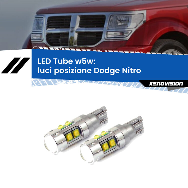 <strong>Luci posizione LED 6000k per Dodge Nitro</strong>  2006-2012. Lampadine <strong>W5W</strong> canbus modello Tube, luce bianco lunare, lunga durata e compatibilità.