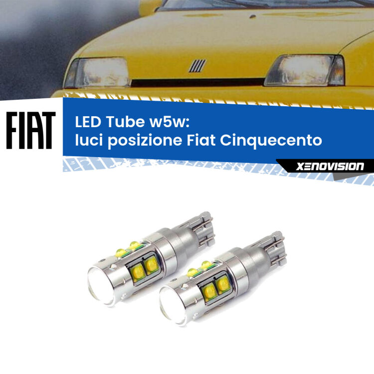 <strong>Luci posizione LED 6000k per Fiat Cinquecento</strong>  1991-1999. Lampadine <strong>W5W</strong> canbus modello Tube, luce bianco lunare, lunga durata e compatibilità.