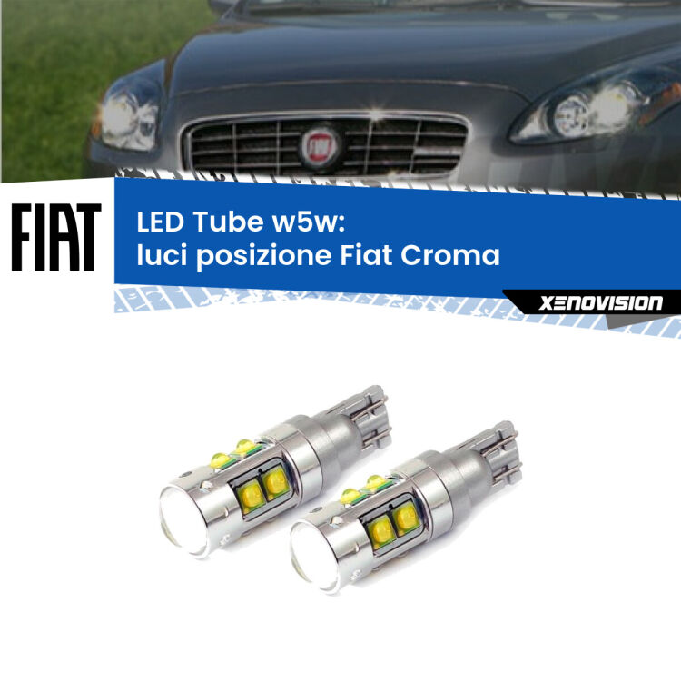 <strong>Luci posizione LED 6000k per Fiat Croma</strong>  2005-2010. Lampadine <strong>W5W</strong> canbus modello Tube, luce bianco lunare, lunga durata e compatibilità.