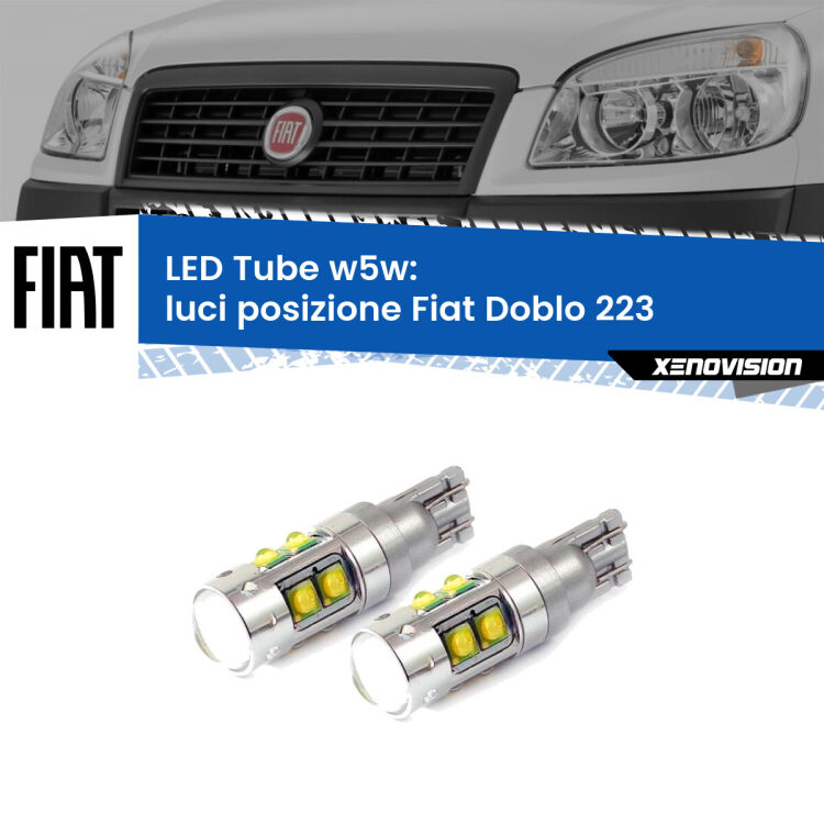 <strong>Luci posizione LED 6000k per Fiat Doblo</strong> 223 2000-2010. Lampadine <strong>W5W</strong> canbus modello Tube, luce bianco lunare, lunga durata e compatibilità.