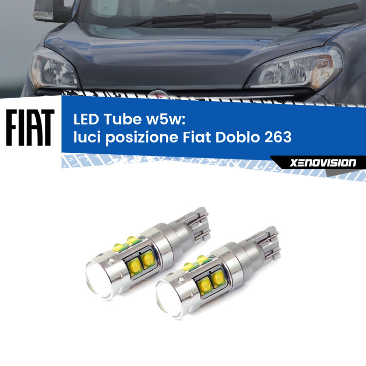 <strong>Luci posizione LED 6000k per Fiat Doblo</strong> 263 2010-2014. Lampadine <strong>W5W</strong> canbus modello Tube, luce bianco lunare, lunga durata e compatibilità.