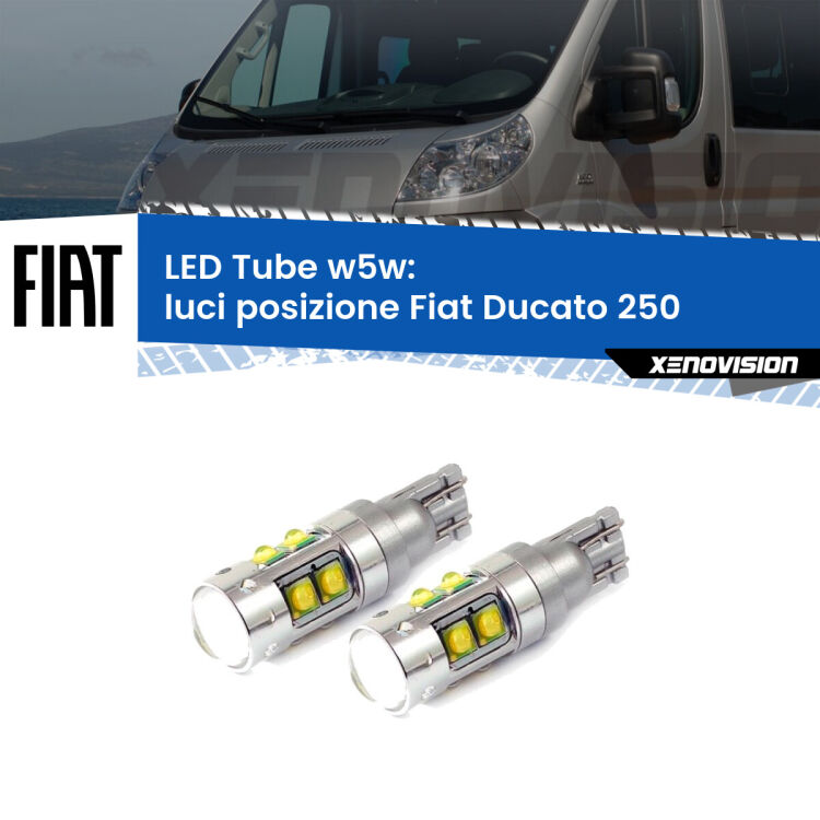 <strong>Luci posizione LED 6000k per Fiat Ducato</strong> 250 2006-2013. Lampadine <strong>W5W</strong> canbus modello Tube, luce bianco lunare, lunga durata e compatibilità.