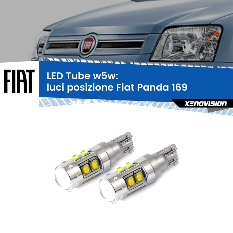 <strong>Luci posizione LED 6000k per Fiat Panda</strong> 169 2003-2012. Lampadine <strong>W5W</strong> canbus modello Tube, luce bianco lunare, lunga durata e compatibilità.