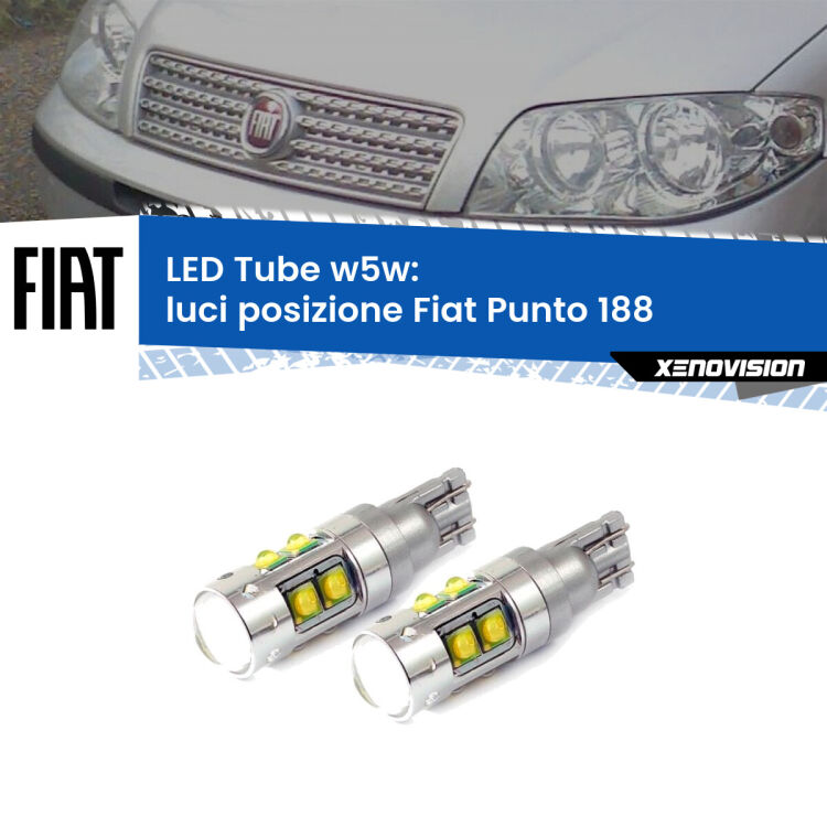 <strong>Luci posizione LED 6000k per Fiat Punto</strong> 188 1999-2010. Lampadine <strong>W5W</strong> canbus modello Tube, luce bianco lunare, lunga durata e compatibilità.