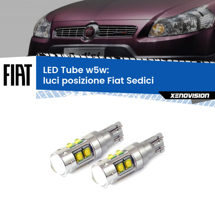 <strong>Luci posizione LED 6000k per Fiat Sedici</strong>  2006-2014. Lampadine <strong>W5W</strong> canbus modello Tube, luce bianco lunare, lunga durata e compatibilità.