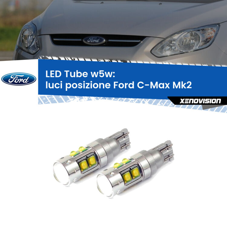 <strong>Luci posizione LED 6000k per Ford C-Max</strong> Mk2 2011-2019. Lampadine <strong>W5W</strong> canbus modello Tube, luce bianco lunare, lunga durata e compatibilità.