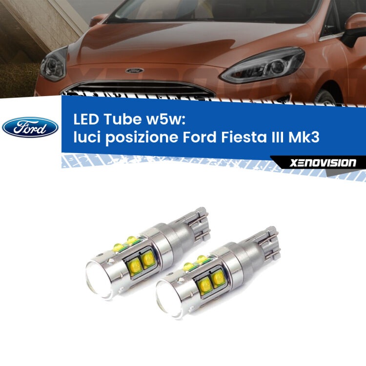 <strong>Luci posizione LED 6000k per Ford Fiesta III</strong> Mk3 1989-1995. Lampadine <strong>W5W</strong> canbus modello Tube, luce bianco lunare, lunga durata e compatibilità.