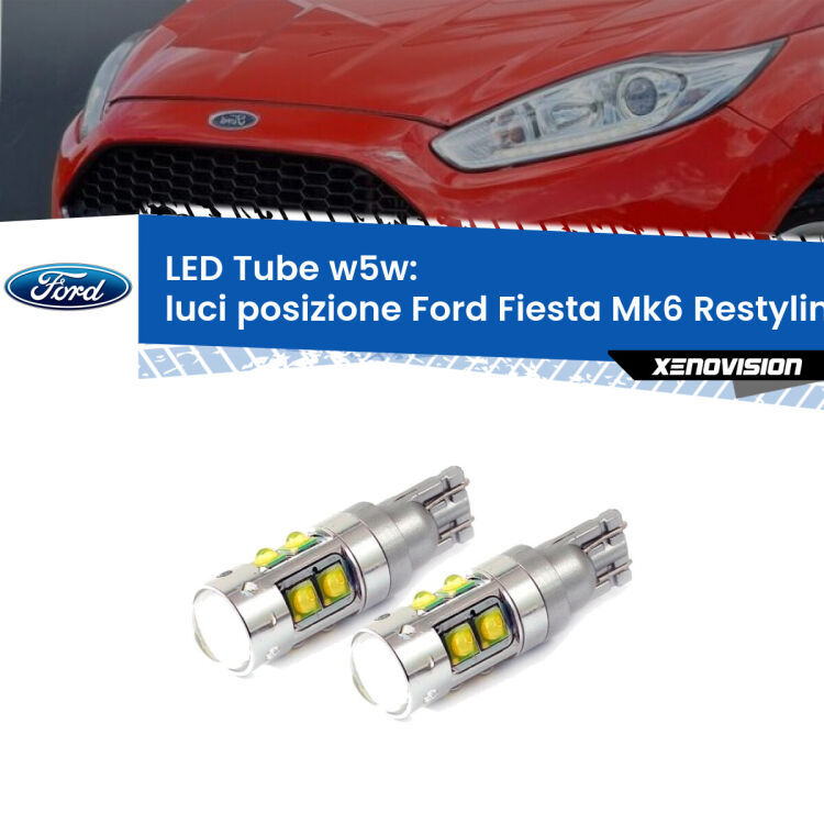 <strong>Luci posizione LED 6000k per Ford Fiesta</strong> Mk6.5 2009in poi. Lampadine <strong>W5W</strong> canbus modello Tube, luce bianco lunare, lunga durata e compatibilità.