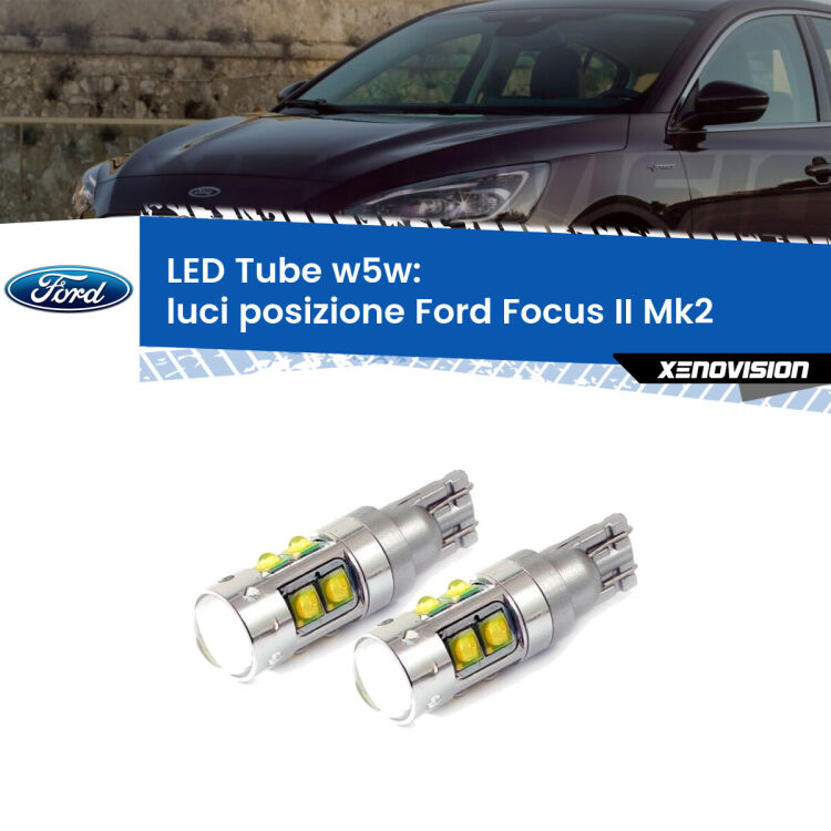 <strong>Luci posizione LED 6000k per Ford Focus II</strong> Mk2 2004-2011. Lampadine <strong>W5W</strong> canbus modello Tube, luce bianco lunare, lunga durata e compatibilità.