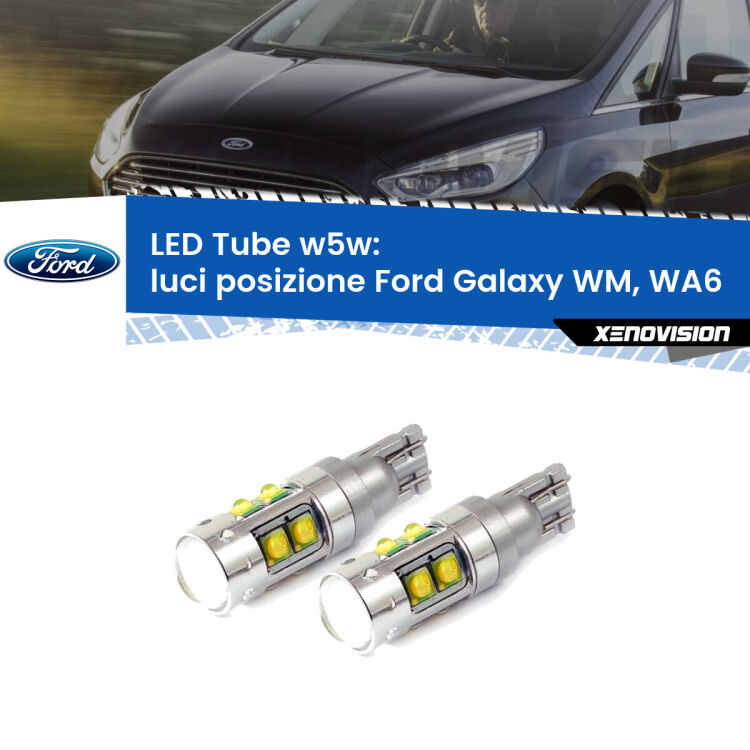 <strong>Luci posizione LED 6000k per Ford Galaxy</strong> WM, WA6 2006-2015. Lampadine <strong>W5W</strong> canbus modello Tube, luce bianco lunare, lunga durata e compatibilità.