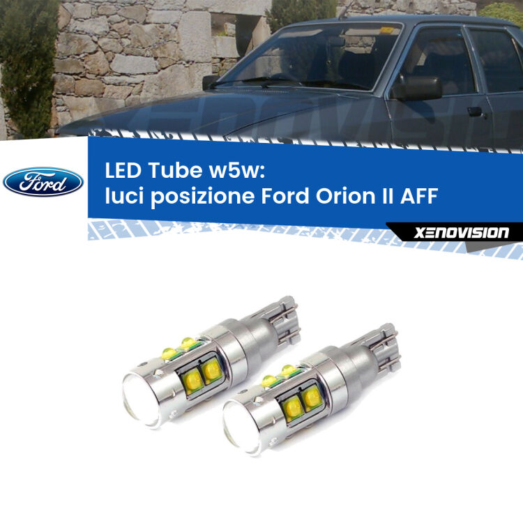 <strong>Luci posizione LED 6000k per Ford Orion II</strong> AFF 1985-1990. Lampadine <strong>W5W</strong> canbus modello Tube, luce bianco lunare, lunga durata e compatibilità.