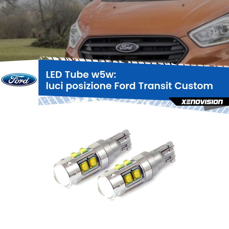 <strong>Luci posizione LED 6000k per Ford Transit Custom</strong>  2012-2022. Lampadine <strong>W5W</strong> canbus modello Tube, luce bianco lunare, lunga durata e compatibilità.