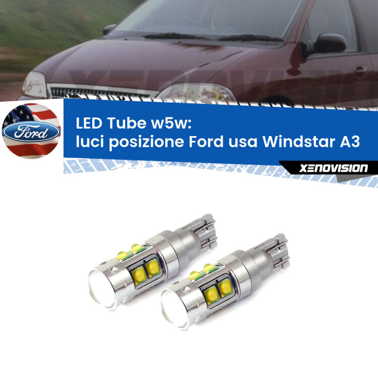 <strong>Luci posizione LED 6000k per Ford usa Windstar</strong> A3 1995-2000. Lampadine <strong>W5W</strong> canbus modello Tube, luce bianco lunare, lunga durata e compatibilità.