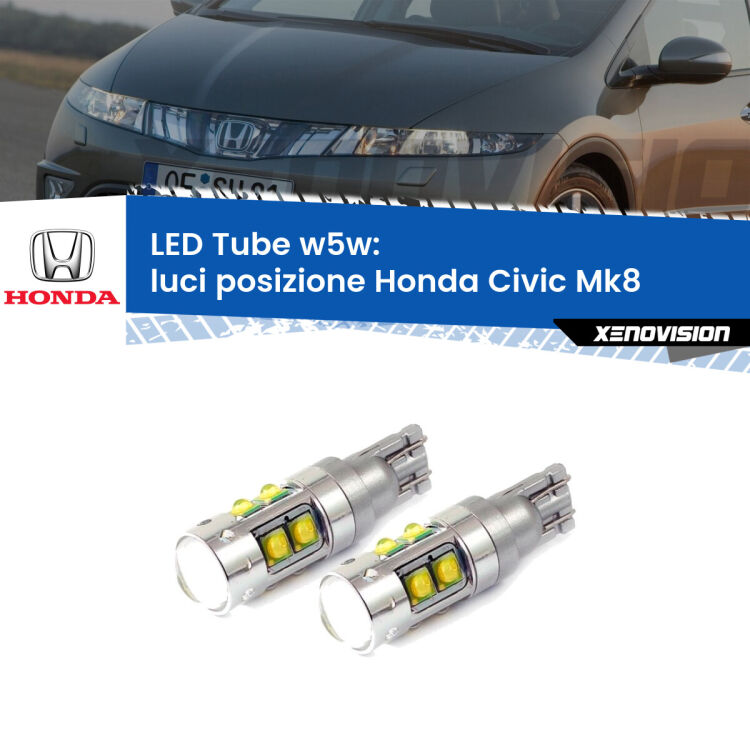 <strong>Luci posizione LED 6000k per Honda Civic</strong> Mk8 2005-2010. Lampadine <strong>W5W</strong> canbus modello Tube, luce bianco lunare, lunga durata e compatibilità.