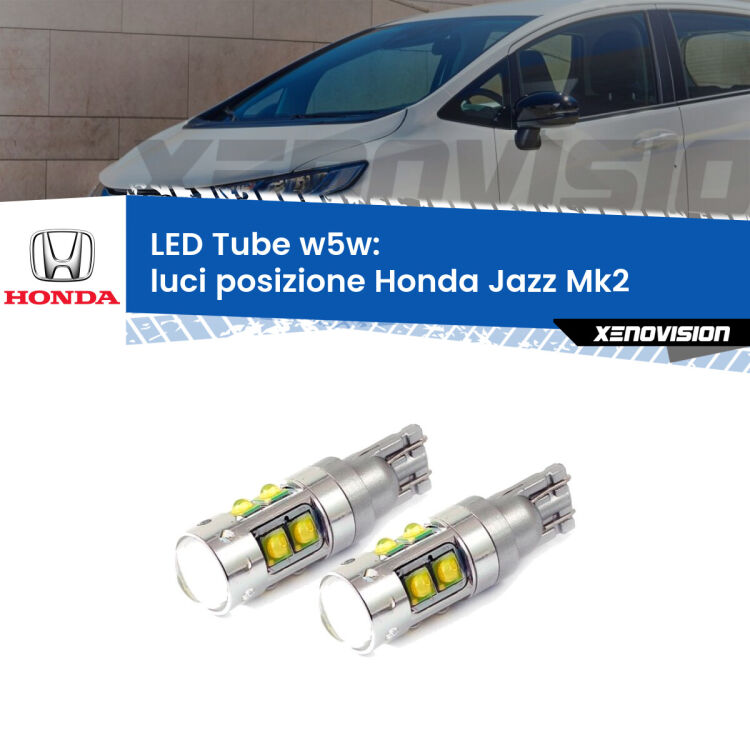 <strong>Luci posizione LED 6000k per Honda Jazz</strong> Mk2 2002-2008. Lampadine <strong>W5W</strong> canbus modello Tube, luce bianco lunare, lunga durata e compatibilità.