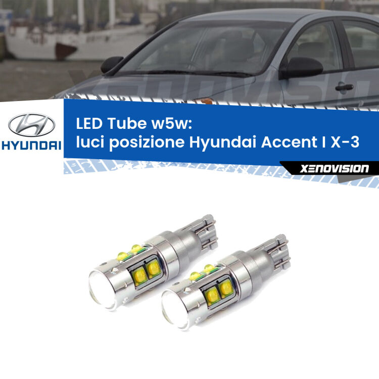 <strong>Luci posizione LED 6000k per Hyundai Accent I</strong> X-3 1994-2000. Lampadine <strong>W5W</strong> canbus modello Tube, luce bianco lunare, lunga durata e compatibilità.