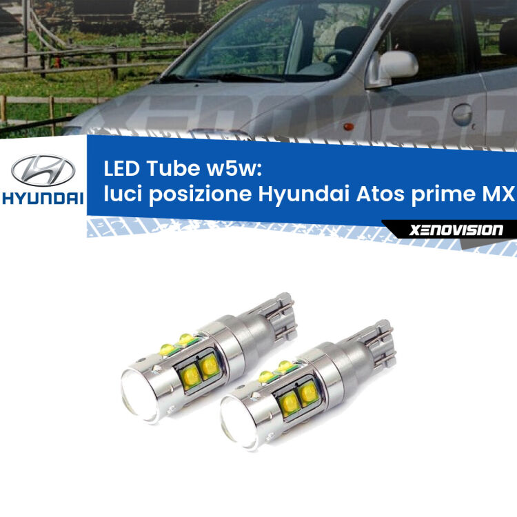 <strong>Luci posizione LED 6000k per Hyundai Atos prime</strong> MX 1997-2008. Lampadine <strong>W5W</strong> canbus modello Tube, luce bianco lunare, lunga durata e compatibilità.