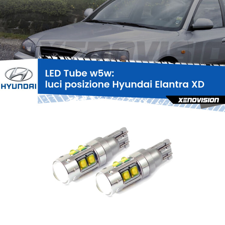 <strong>Luci posizione LED 6000k per Hyundai Elantra</strong> XD 2000-2006. Lampadine <strong>W5W</strong> canbus modello Tube, luce bianco lunare, lunga durata e compatibilità.